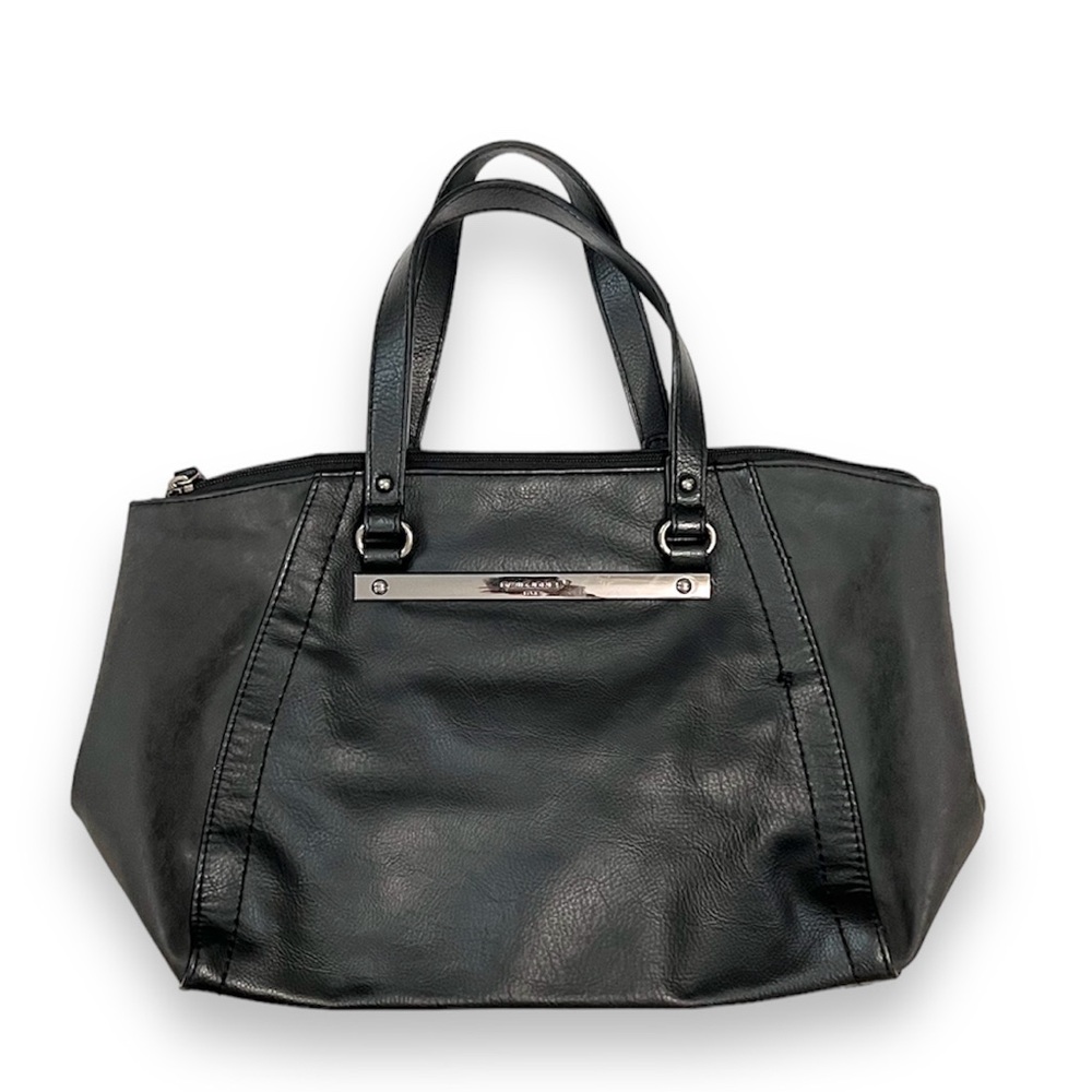 David Jones Paris Faux Leather Satchel Purse Bag Black Dark Gray Silver Hardware